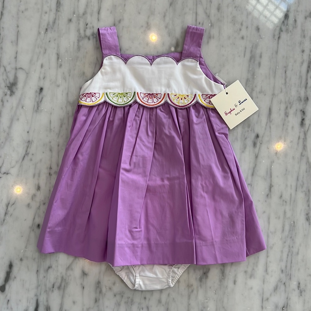New Baby Girls Sophie & Lucas Purple Fruit Embroidered Dress and Bloomer Set - Picture 1 of 5
